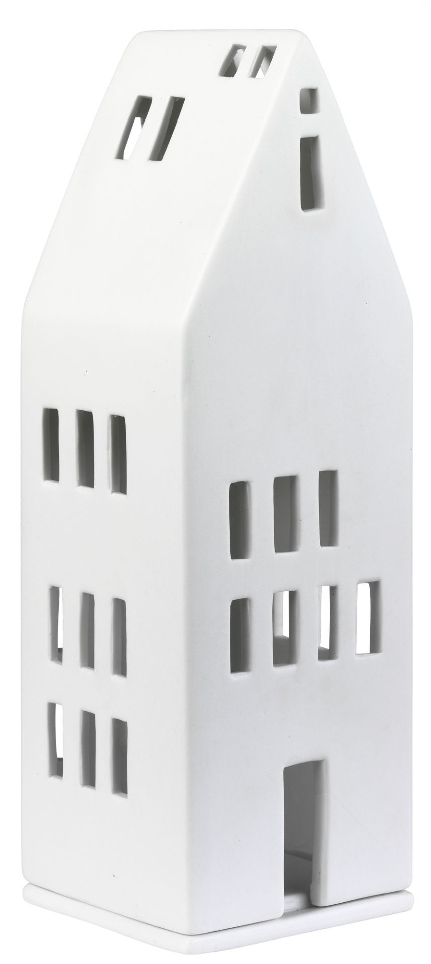 Detailaufnahme des weißen Zuhause Lichthaus mit großen Fenstern, ein dekoratives Keramikhaus für stimmungsvolle Beleuchtung.